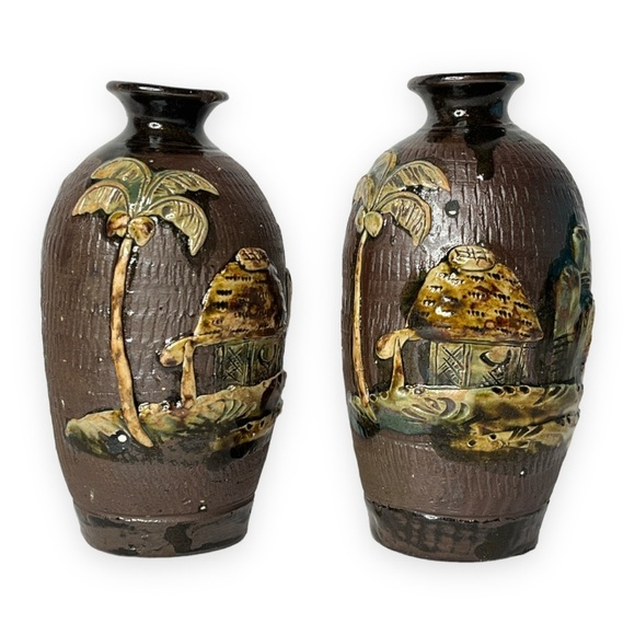 Asian Japanese Ceramic Art Pottery Vase Hut House Tree Decoration Brown Tan Pair - Picture 11 of 11